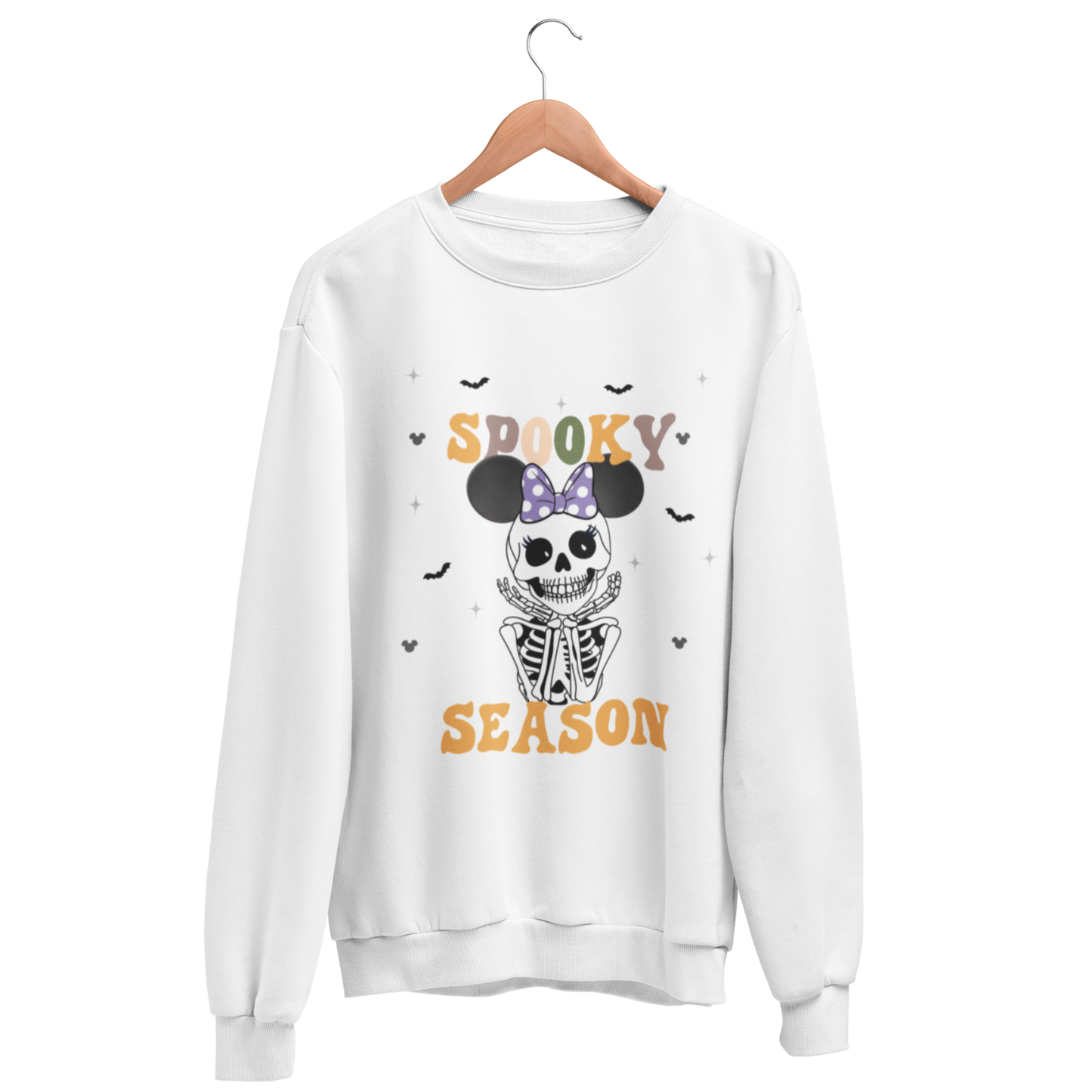 White sweatshirt with Disney Halloween-themed skeleton smiling wearing Mickey Ears and Purple Minnie Bow, perfect for Mickey's Not So Scary Party