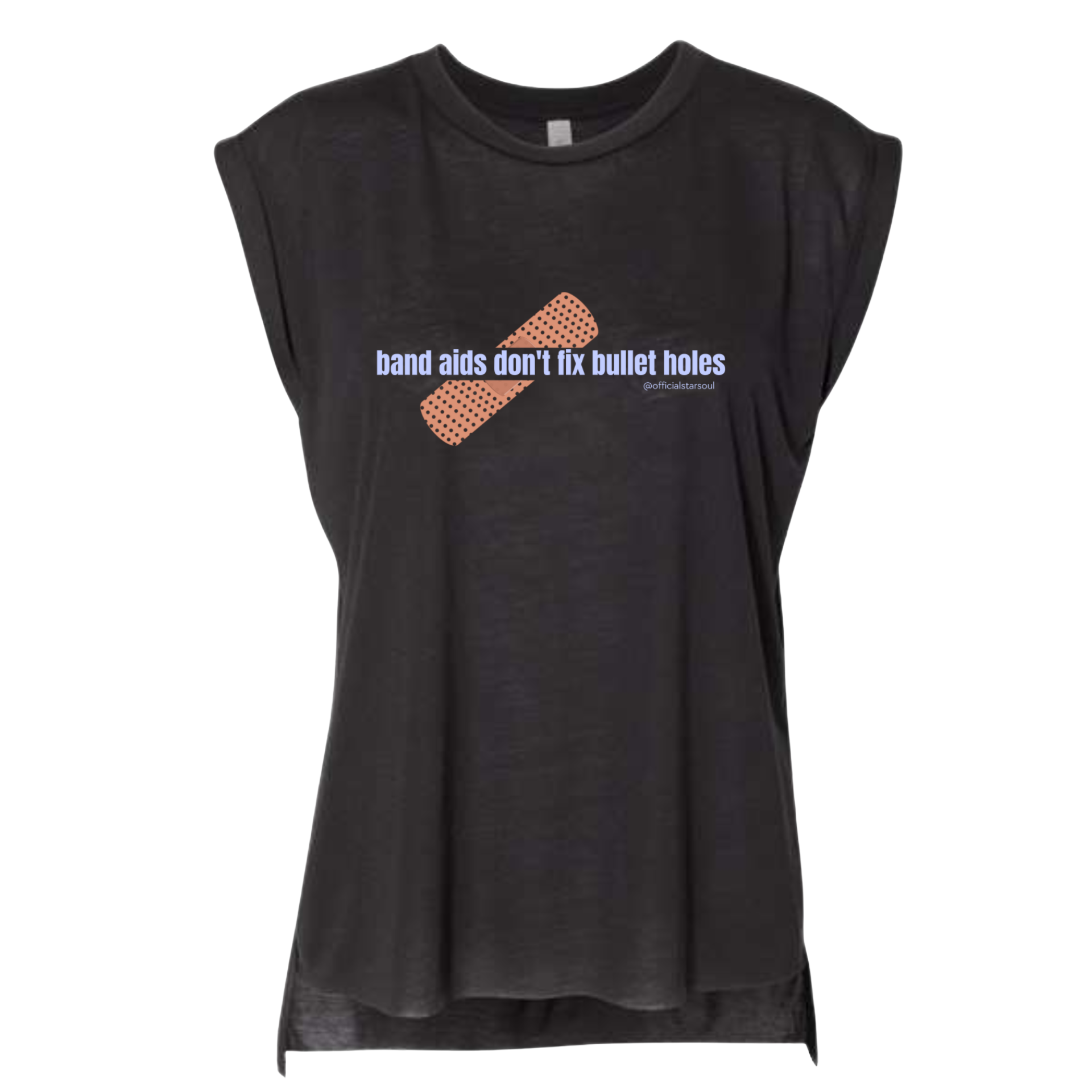 Black woman's muscle shirt with "Band Aids Don't Fix Bullet Holes" printed on front, inspired by Taylor Swift lyrics 