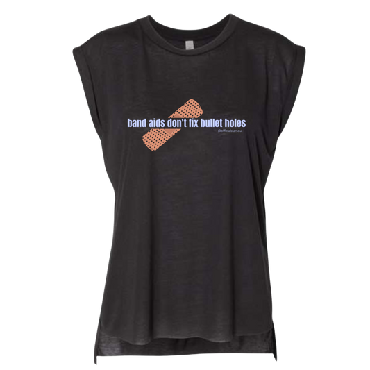 Black woman's muscle shirt with "Band Aids Don't Fix Bullet Holes" printed on front, inspired by Taylor Swift lyrics 