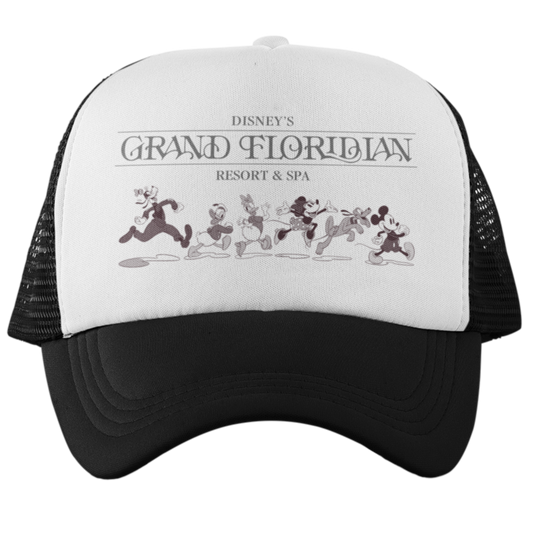 Trucker hat with Disney's Grand Floridian Resort & Spa logo on a white background