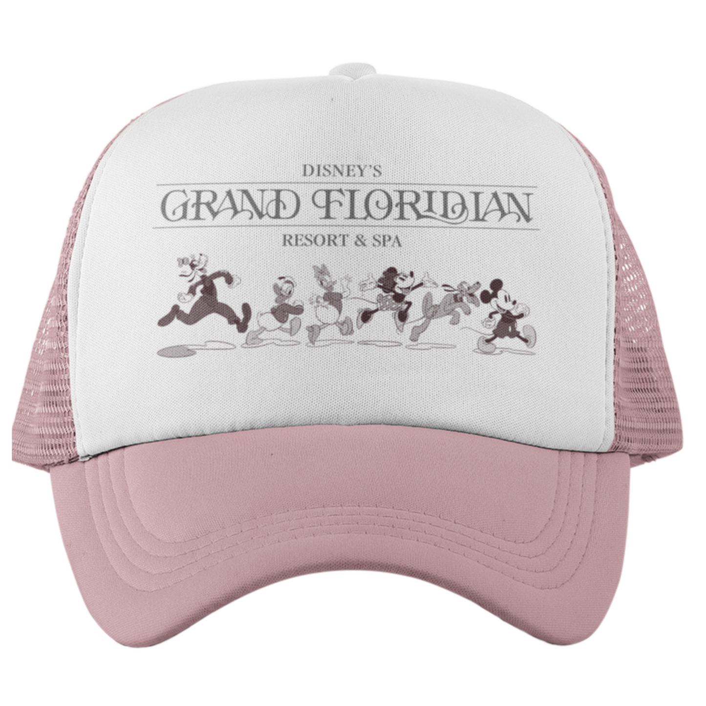 Pink and white cap with Disney's Grand Floridian Resort & Spa logo and cartoon characters.