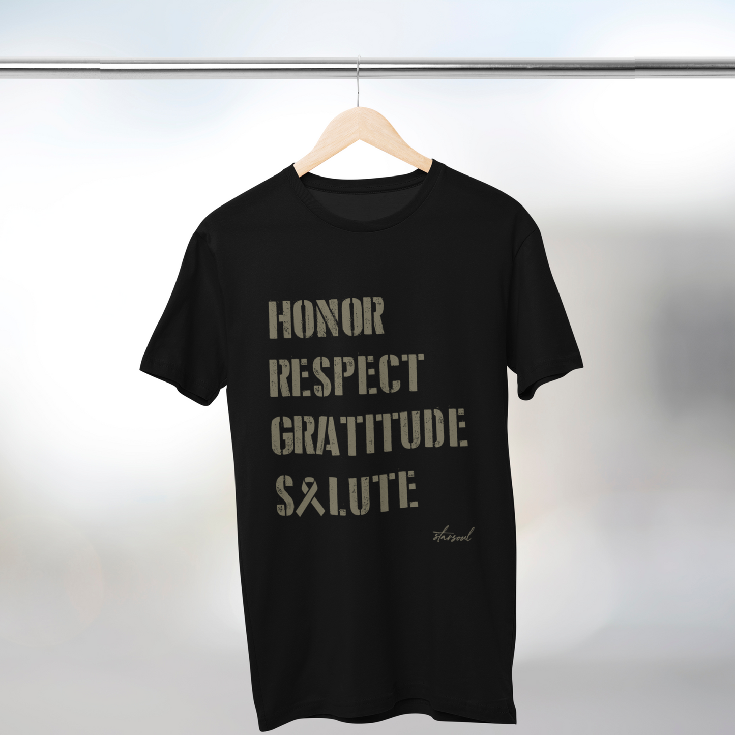 Charity t-shirt subscription box. Each t-shirt sold will provide 50 meals for Veterans in need. Wear it proudly year-round to not only thank our heroes but to support them when they come home. Veteran charity t-shirt, black with green letters that read: honor respect gratitude salute, all proceeds feed veterans in the US