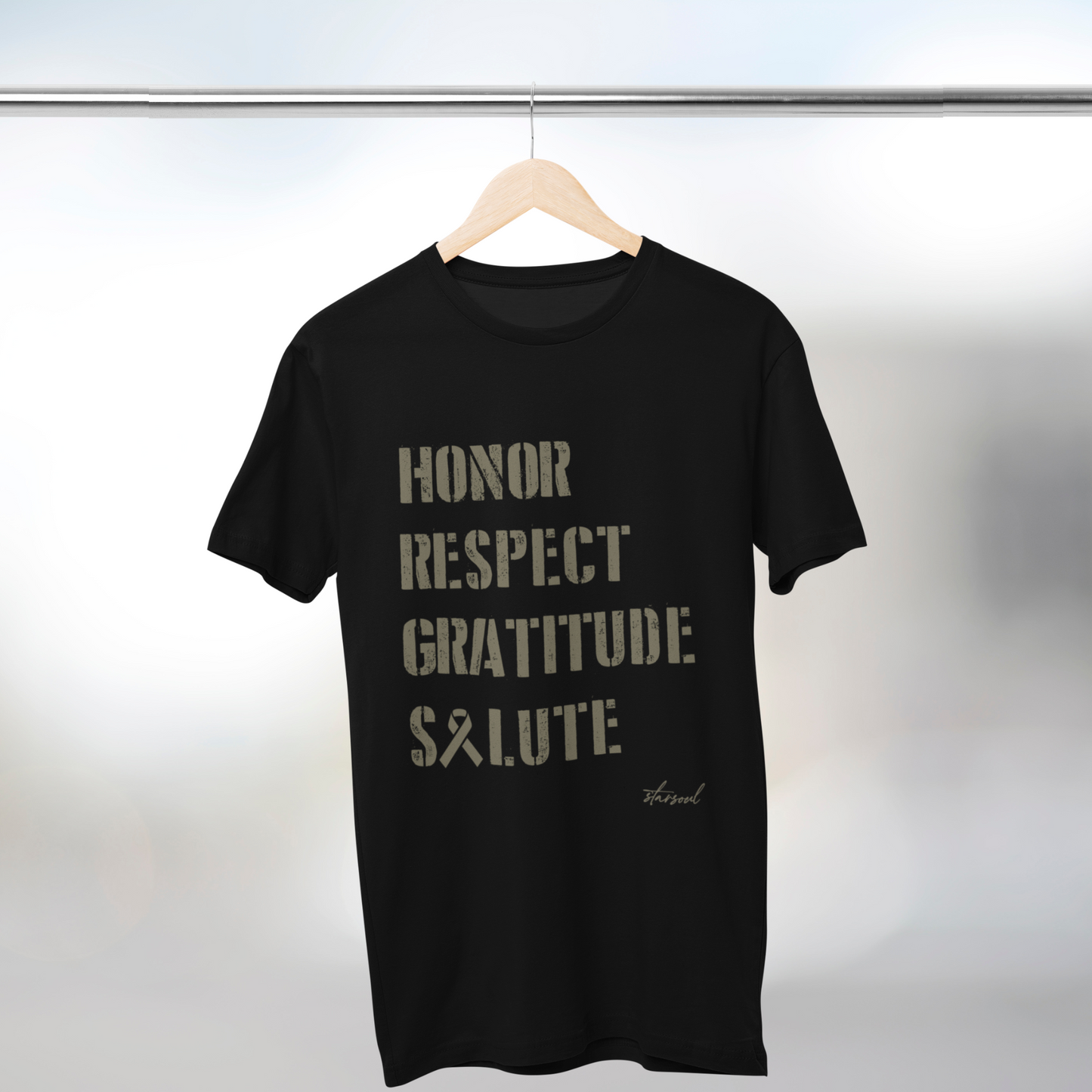 Veteran charity t-shirt, black with green letters that read: honor respect gratitude salute, all proceeds feed veterans in the US