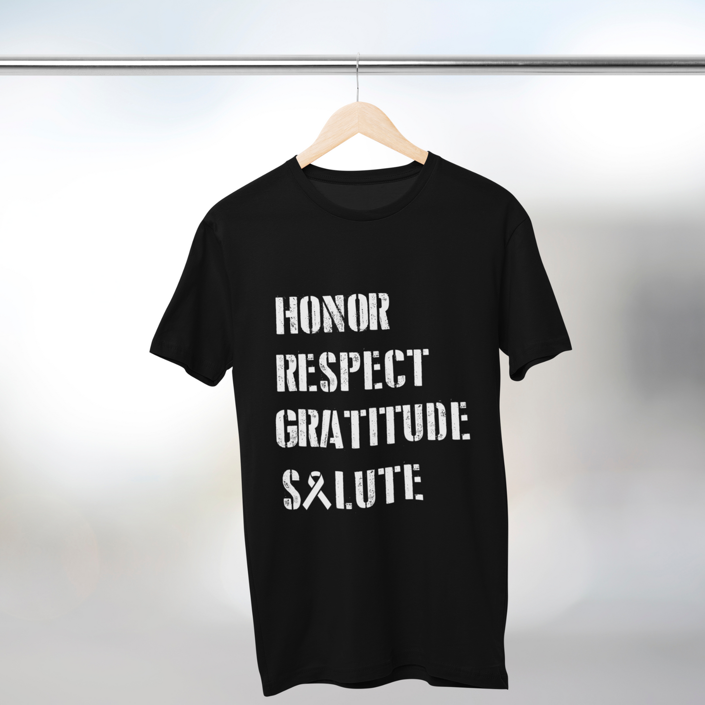 Charity t-shirt subscription box. Each t-shirt sold will provide 50 meals for Veterans in need. Wear it proudly year-round to not only thank our heroes but to support them when they come home. Veteran charity t-shirt, black with white letters that read: honor respect gratitude salute, all proceeds feed veterans in the US