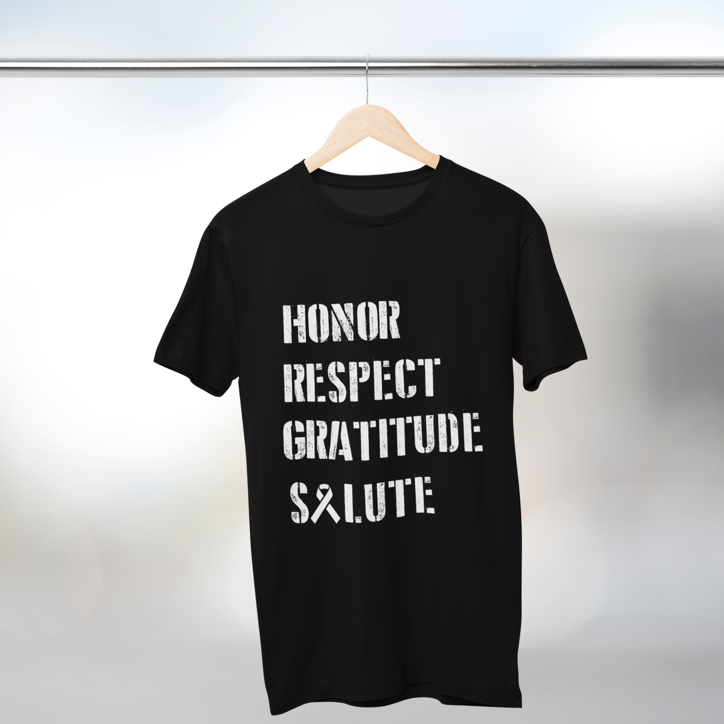 Veteran charity t-shirt, black with white letters that read: honor respect gratitude salute, all proceeds feed veterans in the US