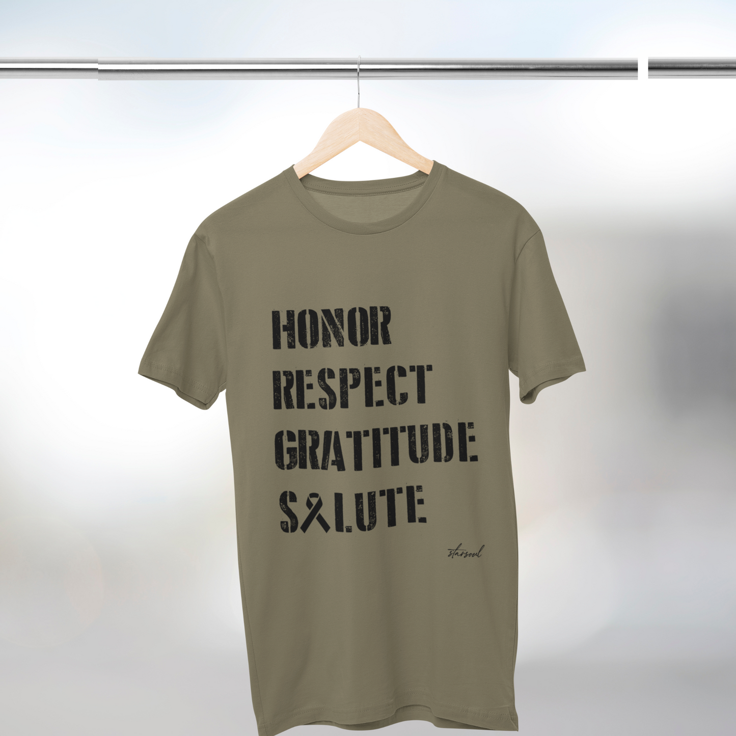 Charity t-shirt subscription box. Each t-shirt sold will provide 50 meals for Veterans in need. Wear it proudly year-round to not only thank our heroes but to support them when they come home. Veteran charity t-shirt, military green with black letters that read: honor respect gratitude salute, all proceeds feed veterans in the US