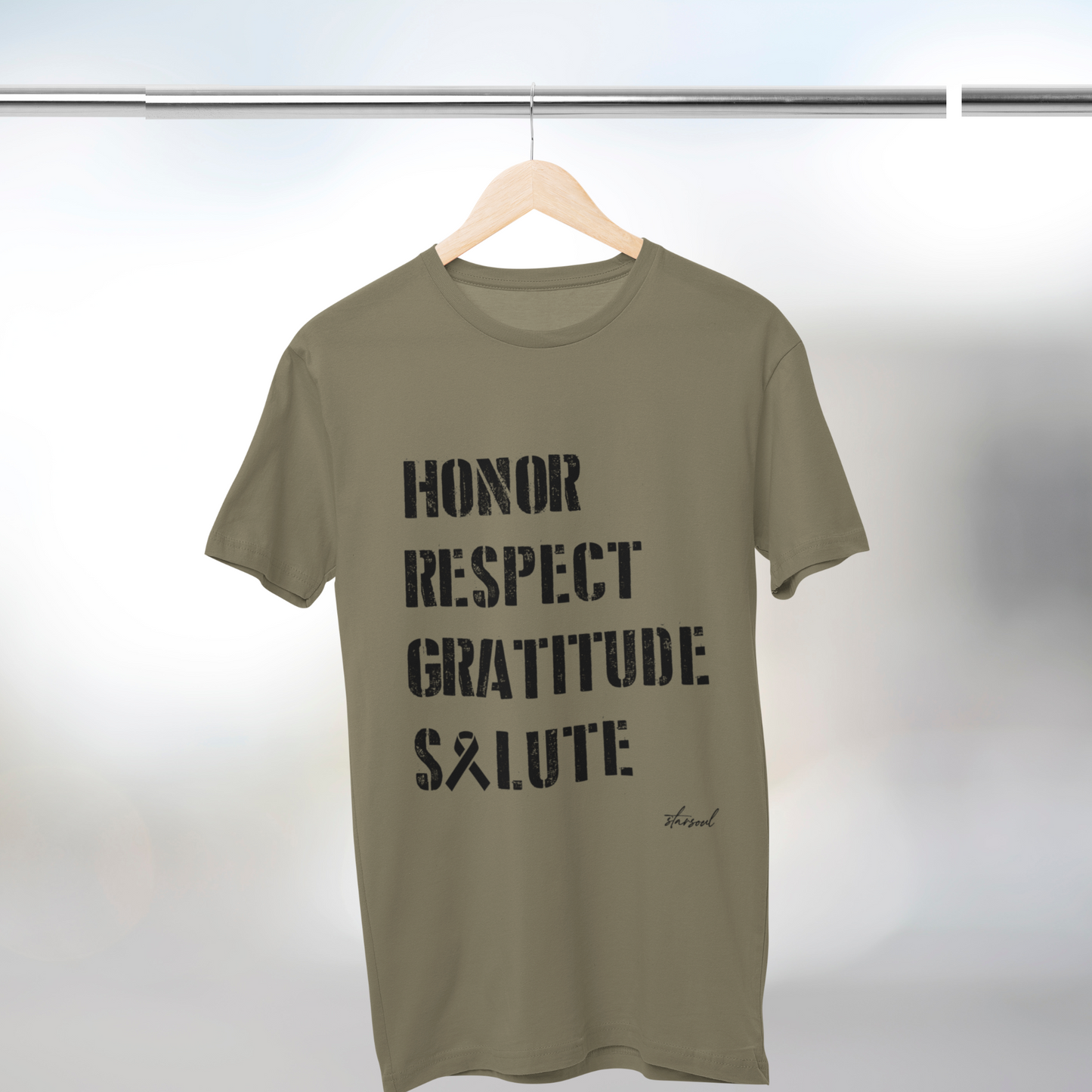 Veteran charity t-shirt, military greenwith black letters that read: honor respect gratitude salute, all proceeds feed veterans in the US