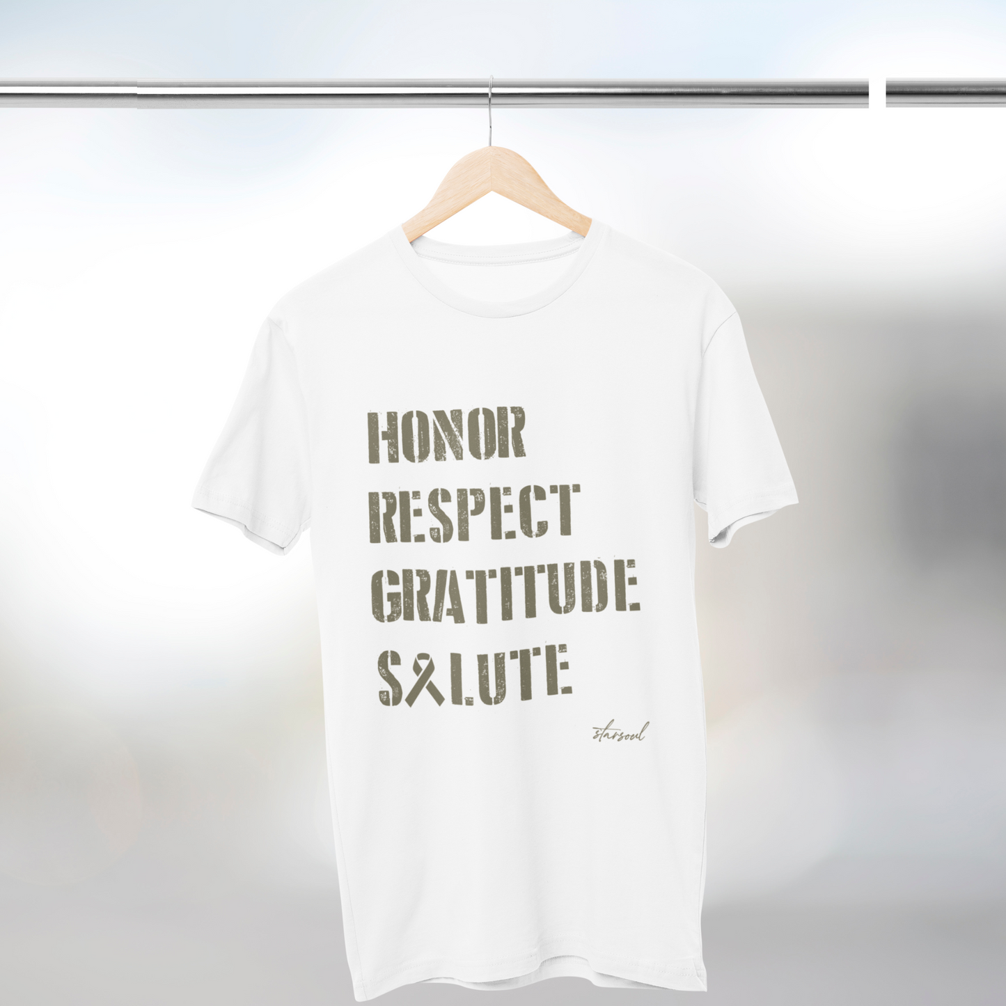 Veteran charity t-shirt, white with green letters that read: honor respect gratitude salute, all proceeds feed veterans in the US